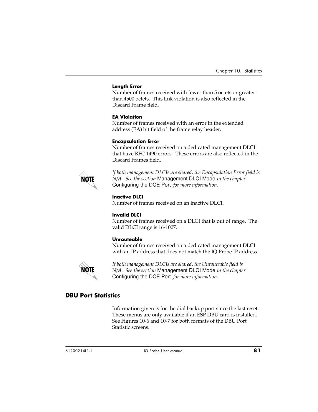 ADTRAN 1200214L1, 1204002L1, 1204006L1 user manual DBU Port Statistics, Length Error 