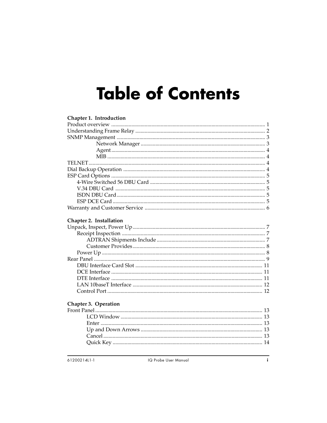 ADTRAN 1204006L1, 1200214L1, 1204002L1 user manual Table of Contents 