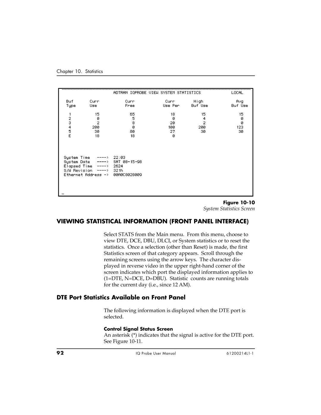 ADTRAN 1204006L1 Viewing Statistical Information Front Panel Interface, DTE Port Statistics Available on Front Panel 