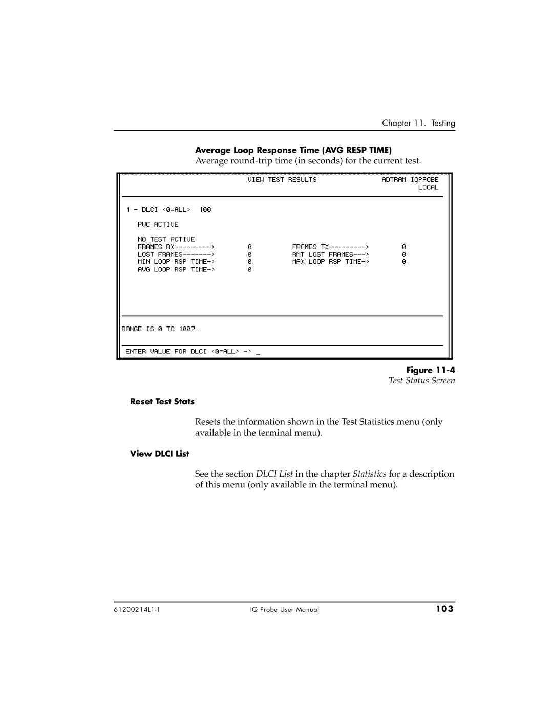 ADTRAN 1204002L1 Test Status Screen, Average Loop Response Time AVG Resp Time, Reset Test Stats, View Dlci List, 103 