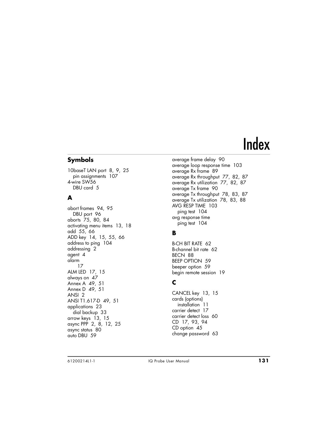 ADTRAN 1204006L1, 1200214L1, 1204002L1 user manual Index, Symbols, 131 