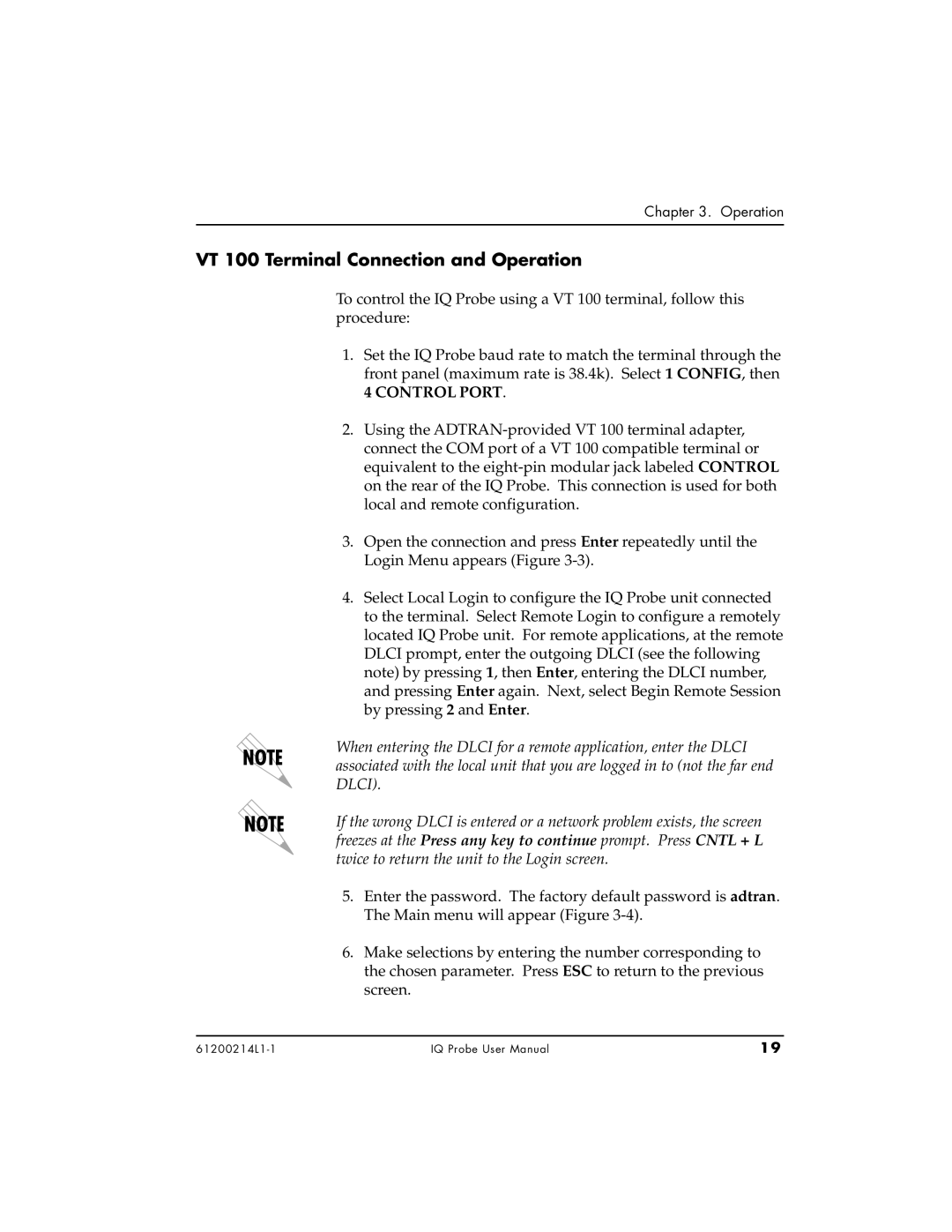 ADTRAN 1204002L1, 1200214L1, 1204006L1 user manual VT 100 Terminal Connection and Operation, Control Port 