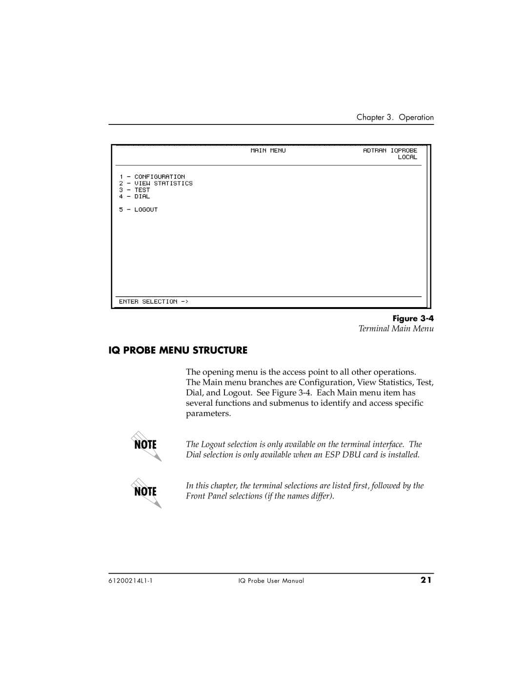 ADTRAN 1200214L1, 1204002L1, 1204006L1 user manual IQ Probe Menu Structure, Terminal Main Menu 