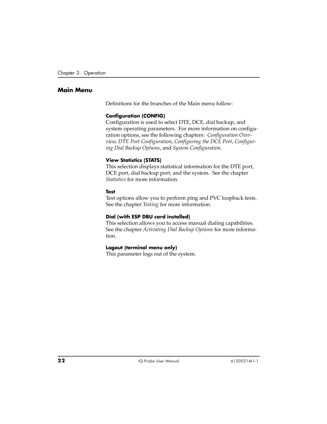 ADTRAN 1204002L1, 1200214L1, 1204006L1 user manual Main Menu 