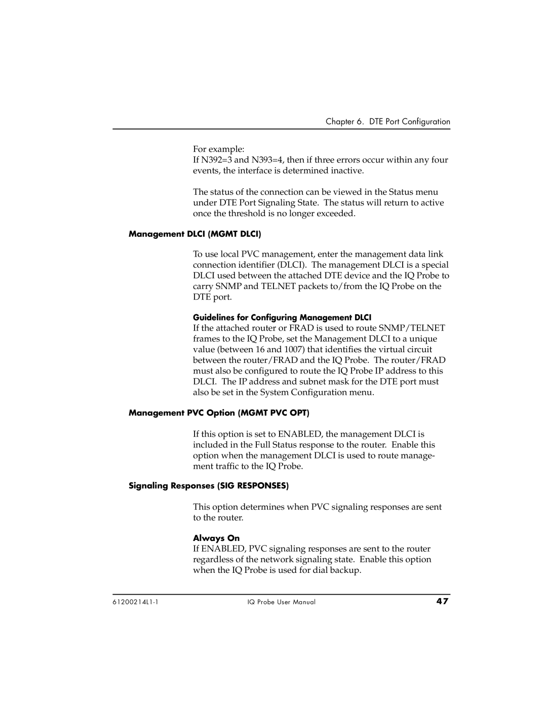 ADTRAN 1204006L1 Management Dlci Mgmt Dlci, Guidelines for Configuring Management Dlci, Management PVC Option Mgmt PVC OPT 