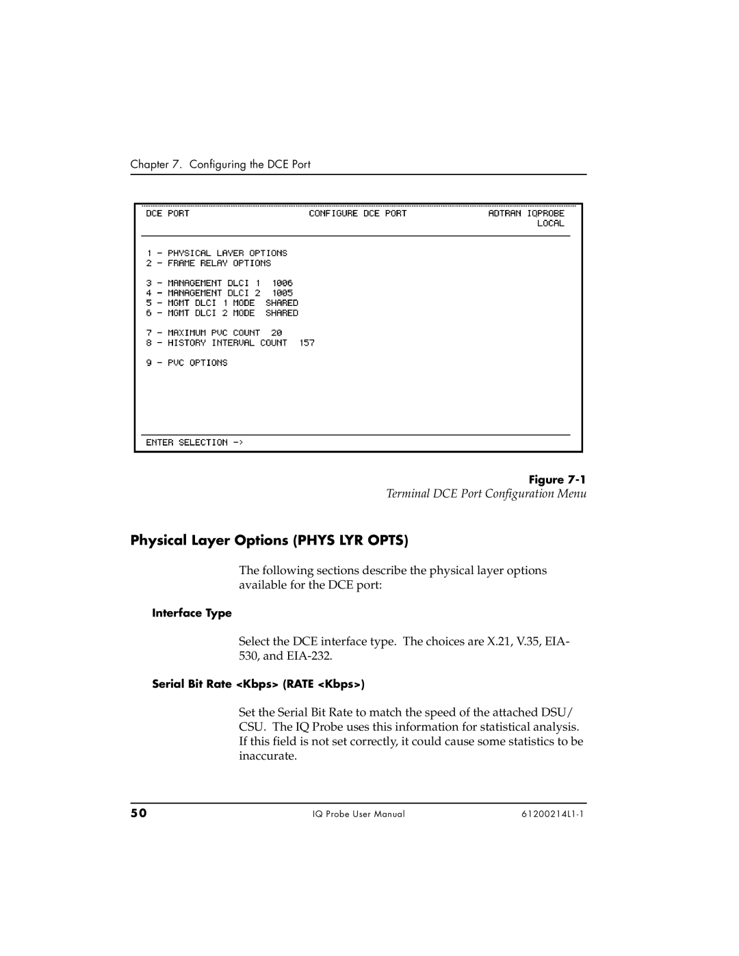 ADTRAN 1204006L1, 1200214L1, 1204002L1 user manual Terminal DCE Port Configuration Menu, Serial Bit Rate Kbps Rate Kbps 