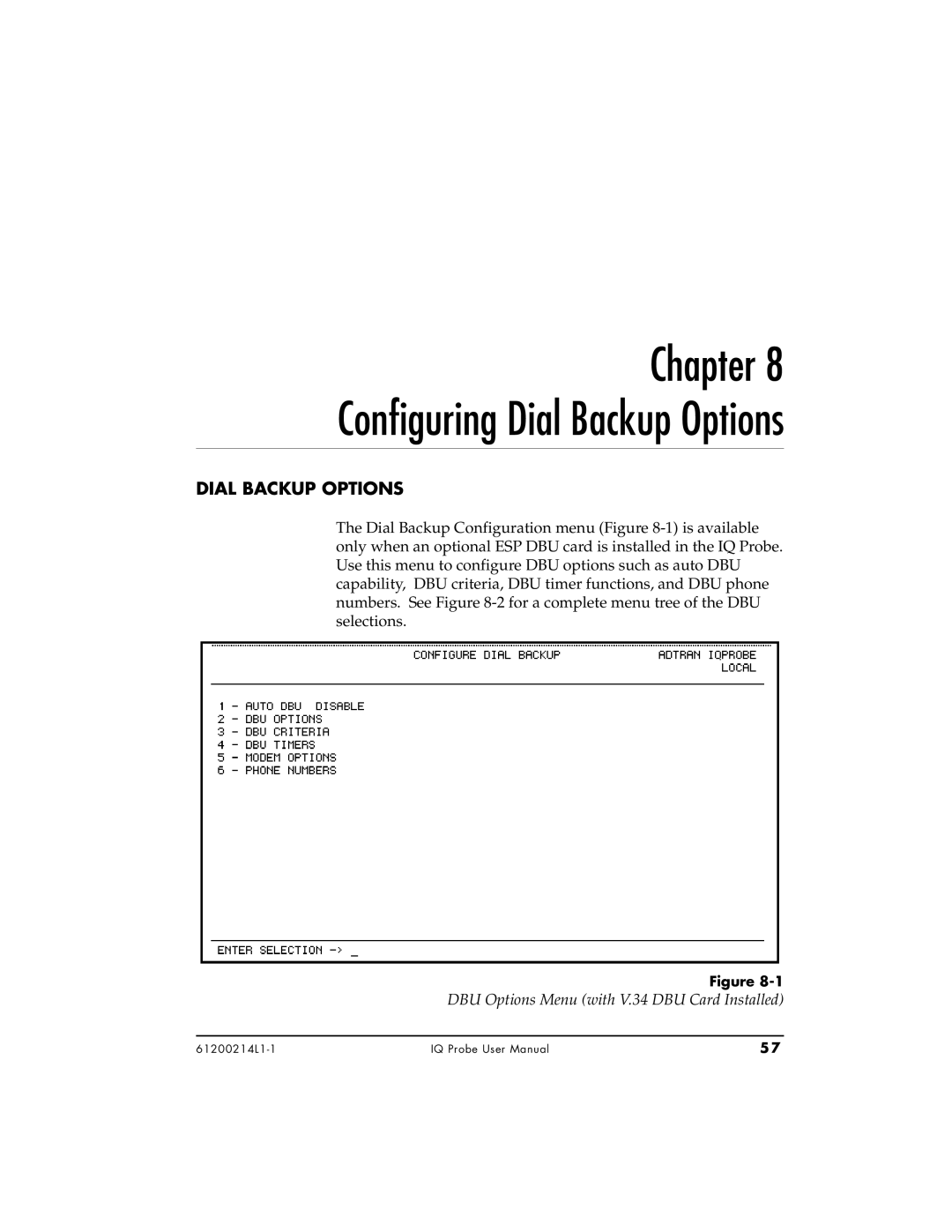 ADTRAN 1200214L1, 1204002L1, 1204006L1 user manual Dial Backup Options, DBU Options Menu with V.34 DBU Card Installed 