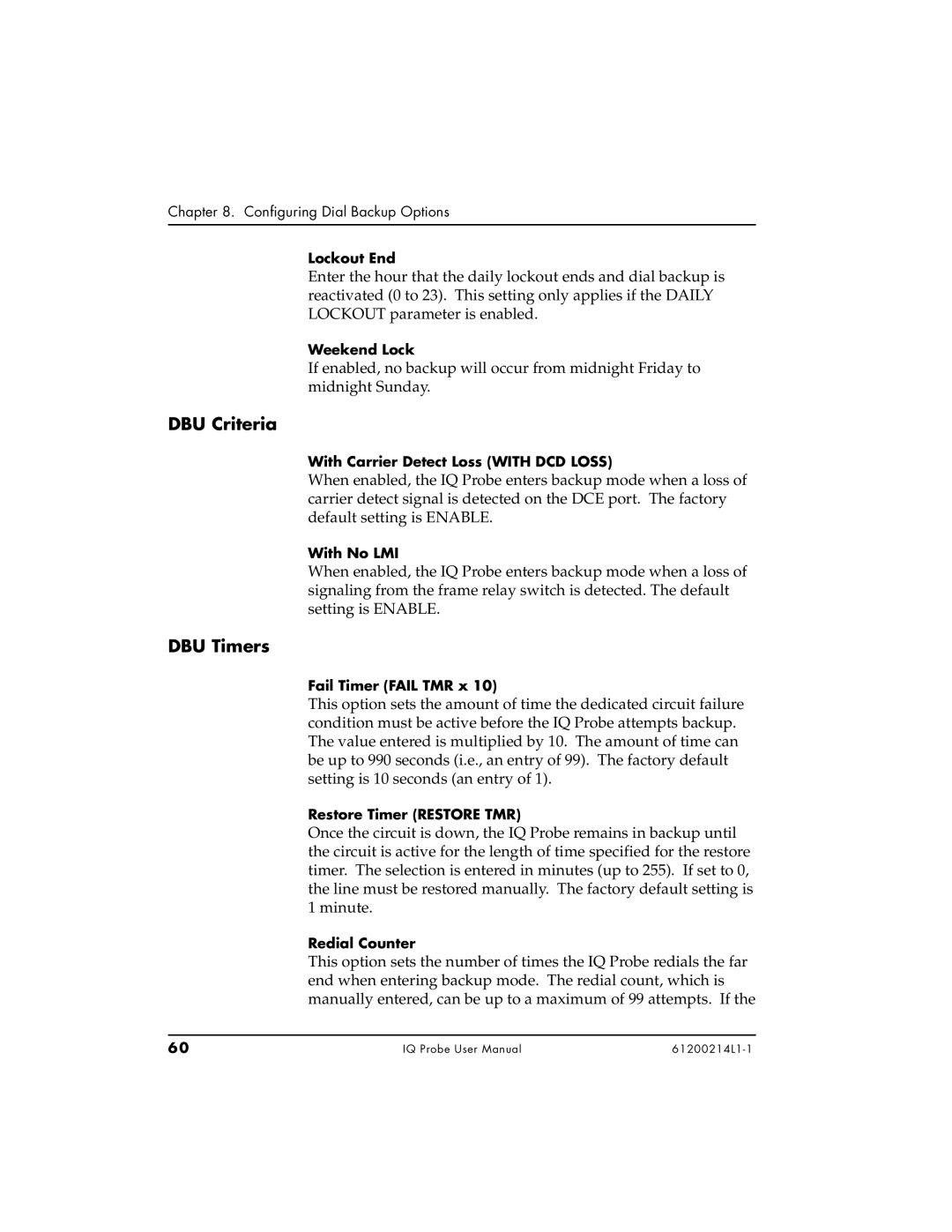 ADTRAN 1200214L1, 1204002L1, 1204006L1 user manual DBU Criteria, DBU Timers 