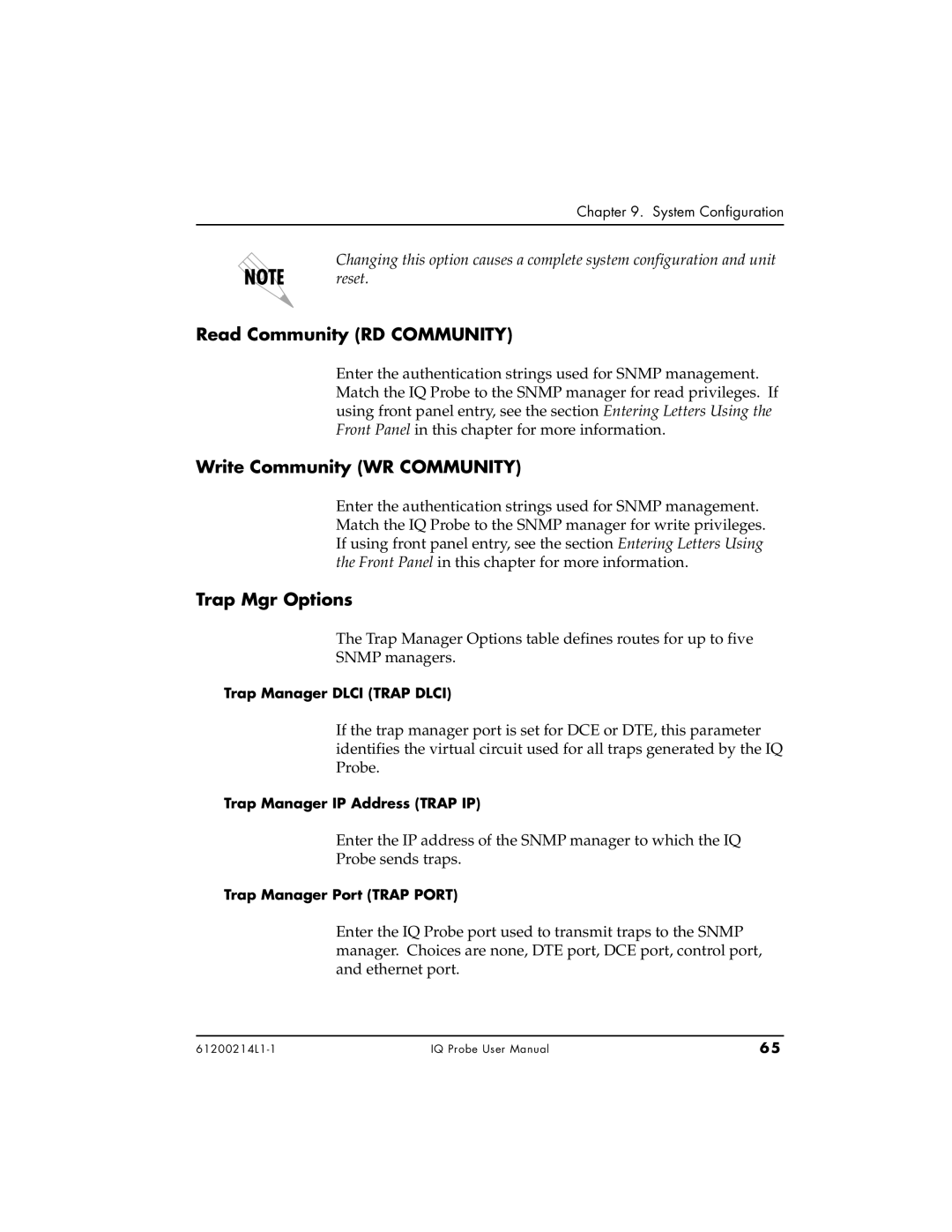 ADTRAN 1204006L1, 1200214L1, 1204002L1 Read Community RD Community, Write Community WR Community, Trap Mgr Options 