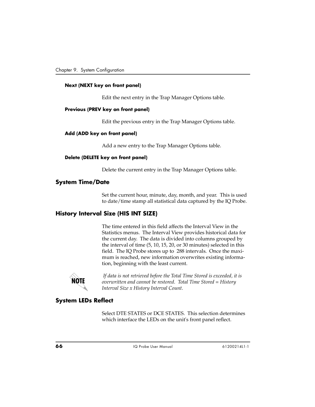 ADTRAN 1200214L1, 1204002L1, 1204006L1 user manual System Time/Date, History Interval Size HIS INT Size, System LEDs Reflect 