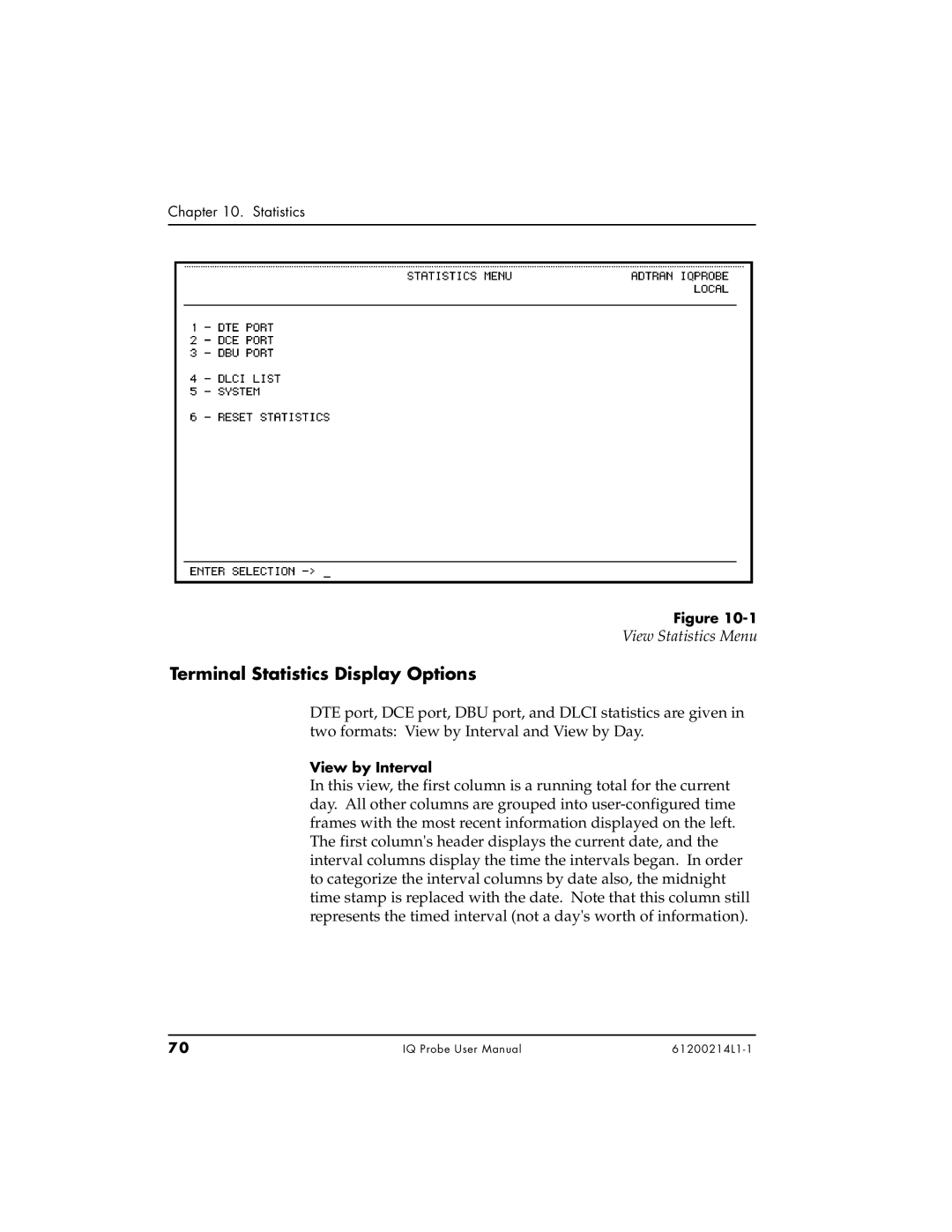 ADTRAN 1204002L1, 1200214L1, 1204006L1 Terminal Statistics Display Options, View Statistics Menu, View by Interval 