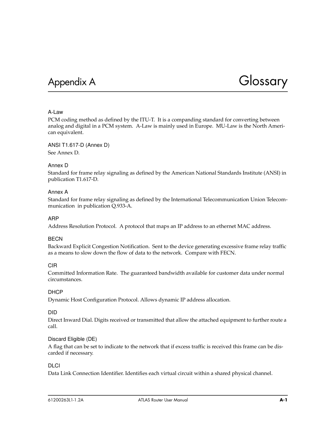 ADTRAN 1200263L1-1.2A user manual Arp, Becn, Cir, Dhcp, Did, Dlci 