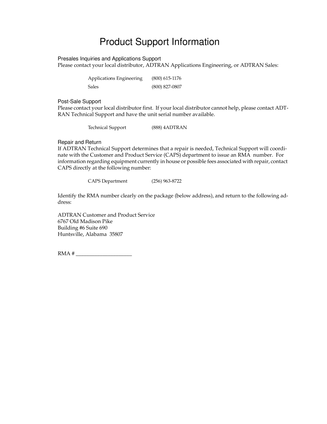 ADTRAN 1200263L1-1.2A user manual Presales Inquiries and Applications Support, Post-Sale Support, Repair and Return 