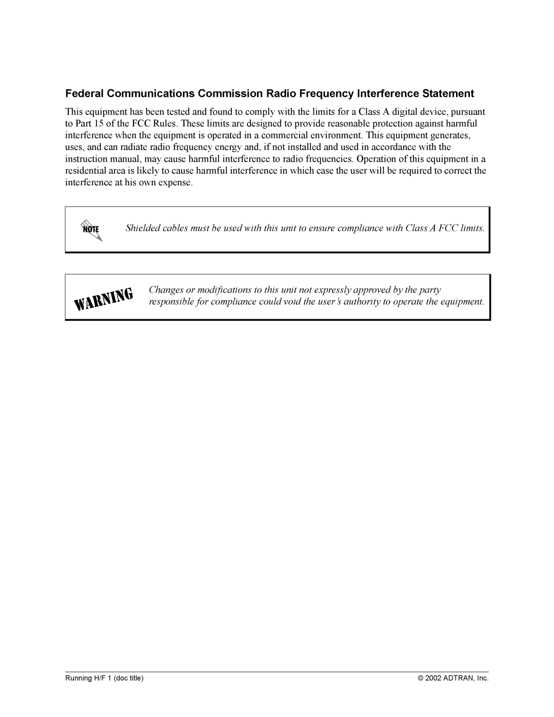 ADTRAN 1200305L1 system manual Running H/F 1 doc title ADTRAN, Inc 