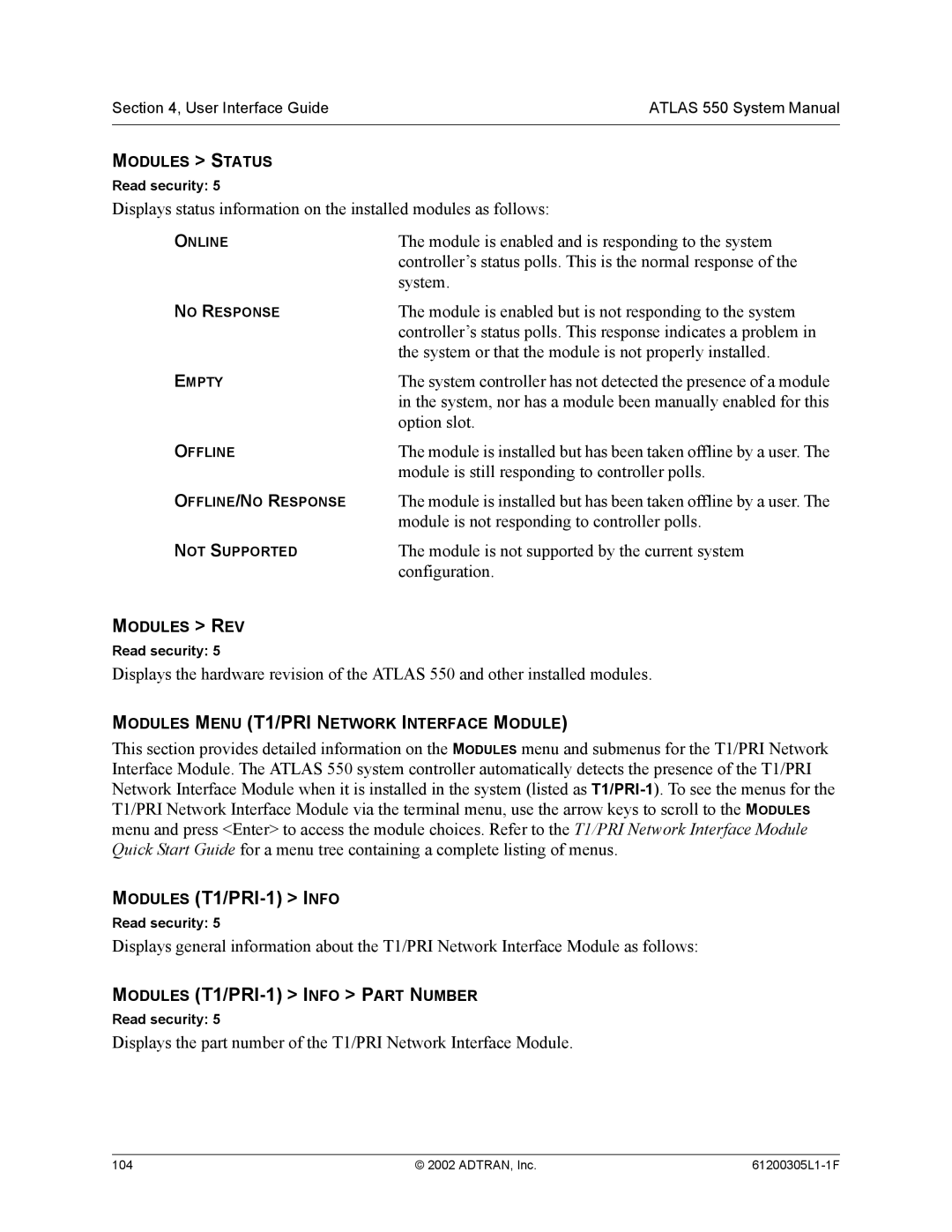 ADTRAN 1200305L1 system manual Modules T1/PRI-1 Info 