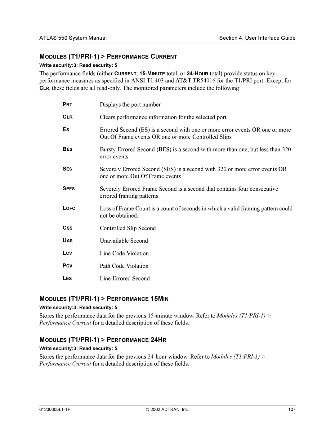 ADTRAN 1200305L1 Not be obtained, Controlled Slip Second, Unavailable Second, Line Code Violation, Path Code Violation 