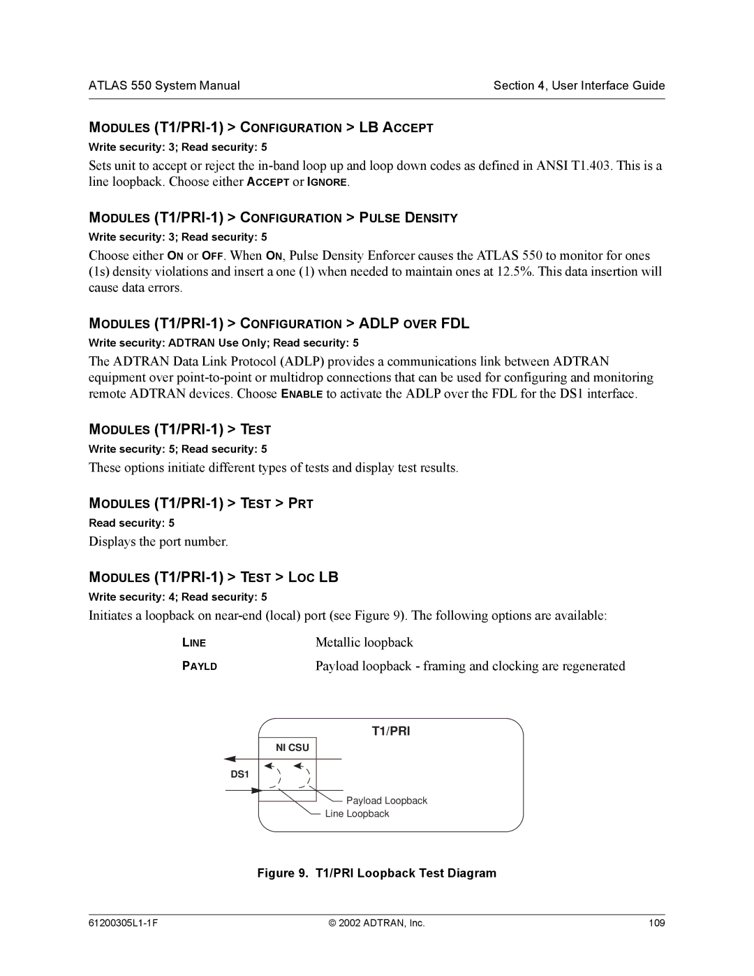 ADTRAN 1200305L1 Modules T1/PRI-1 Configuration Adlp Over FDL, Modules T1/PRI-1 Test PRT, Modules T1/PRI-1 Test LOC LB 