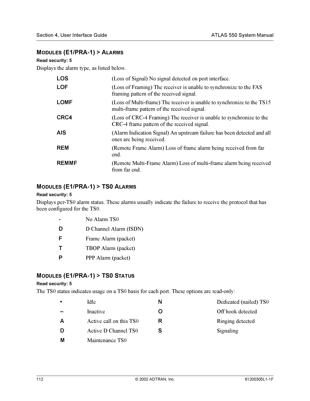 ADTRAN 1200305L1 system manual Modules E1/PRA-1 Alarms, Modules E1/PRA-1 TS0 Alarms, Modules E1/PRA-1 TS0 Status 