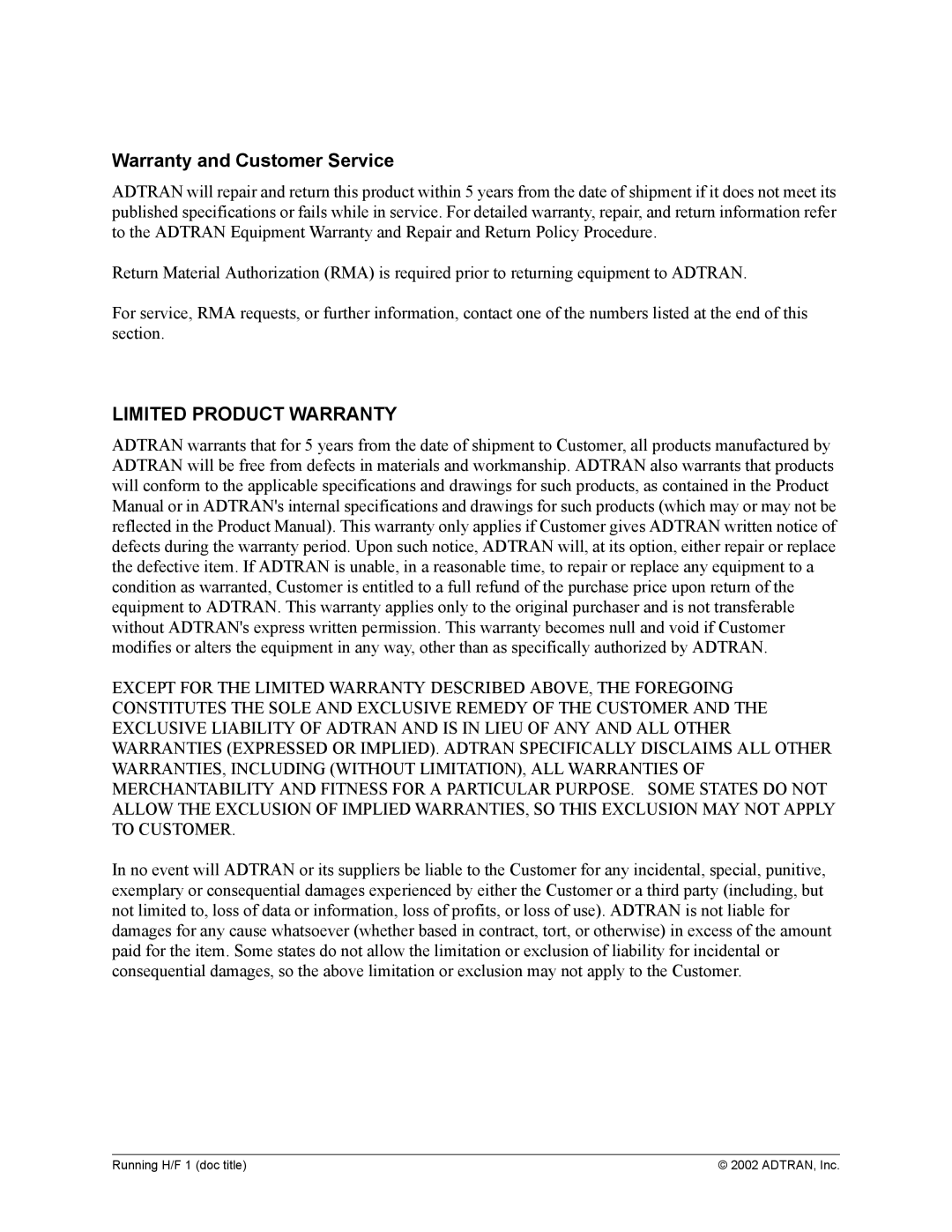 ADTRAN 1200305L1 system manual Warranty and Customer Service, Limited Product Warranty 