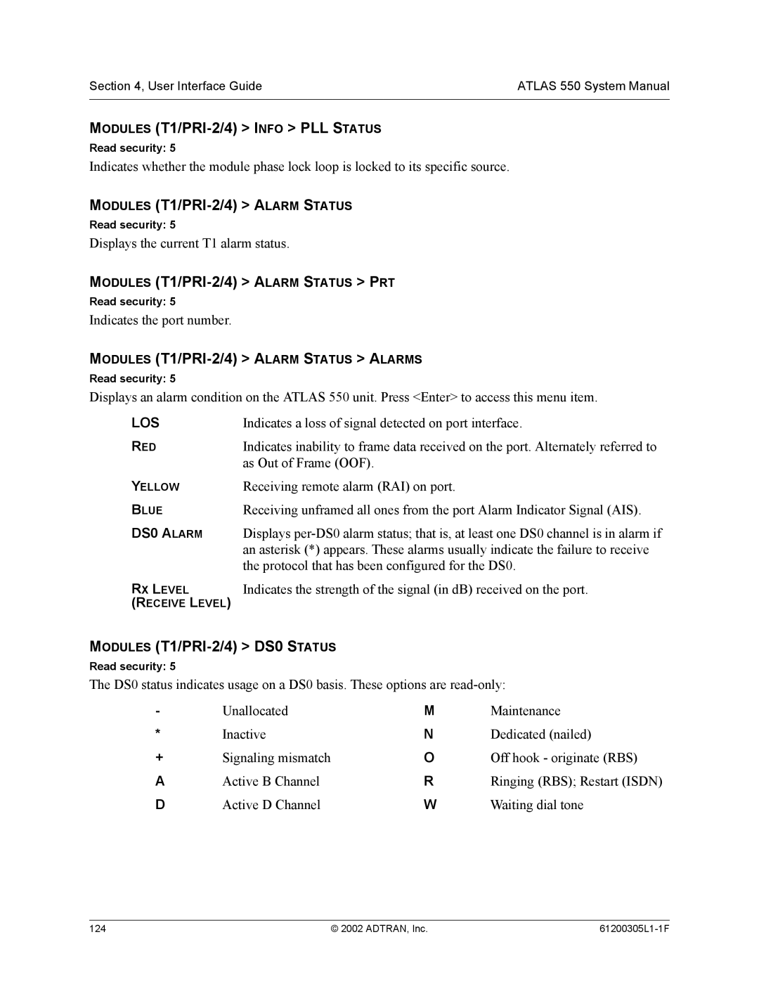 ADTRAN 1200305L1 system manual Modules T1/PRI-2/4 Info PLL Status, Modules T1/PRI-2/4 Alarm Status PRT 