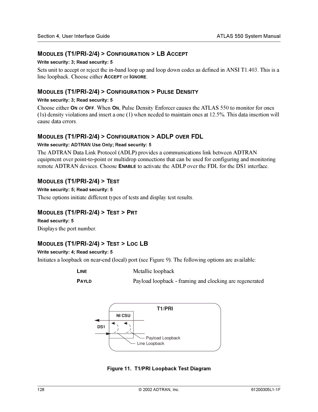 ADTRAN 1200305L1 system manual Modules T1/PRI-2/4 Configuration Adlp Over FDL, Modules T1/PRI-2/4 Test PRT 