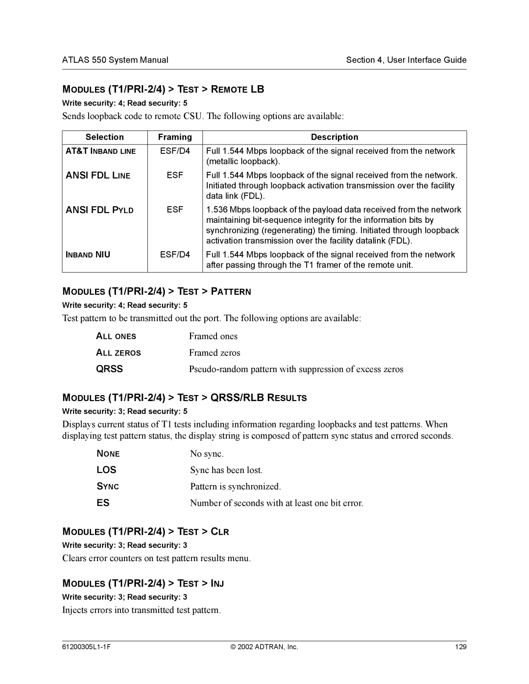 ADTRAN 1200305L1 Modules T1/PRI-2/4 Test Remote LB, Modules T1/PRI-2/4 Test Pattern, Modules T1/PRI-2/4 Test CLR 