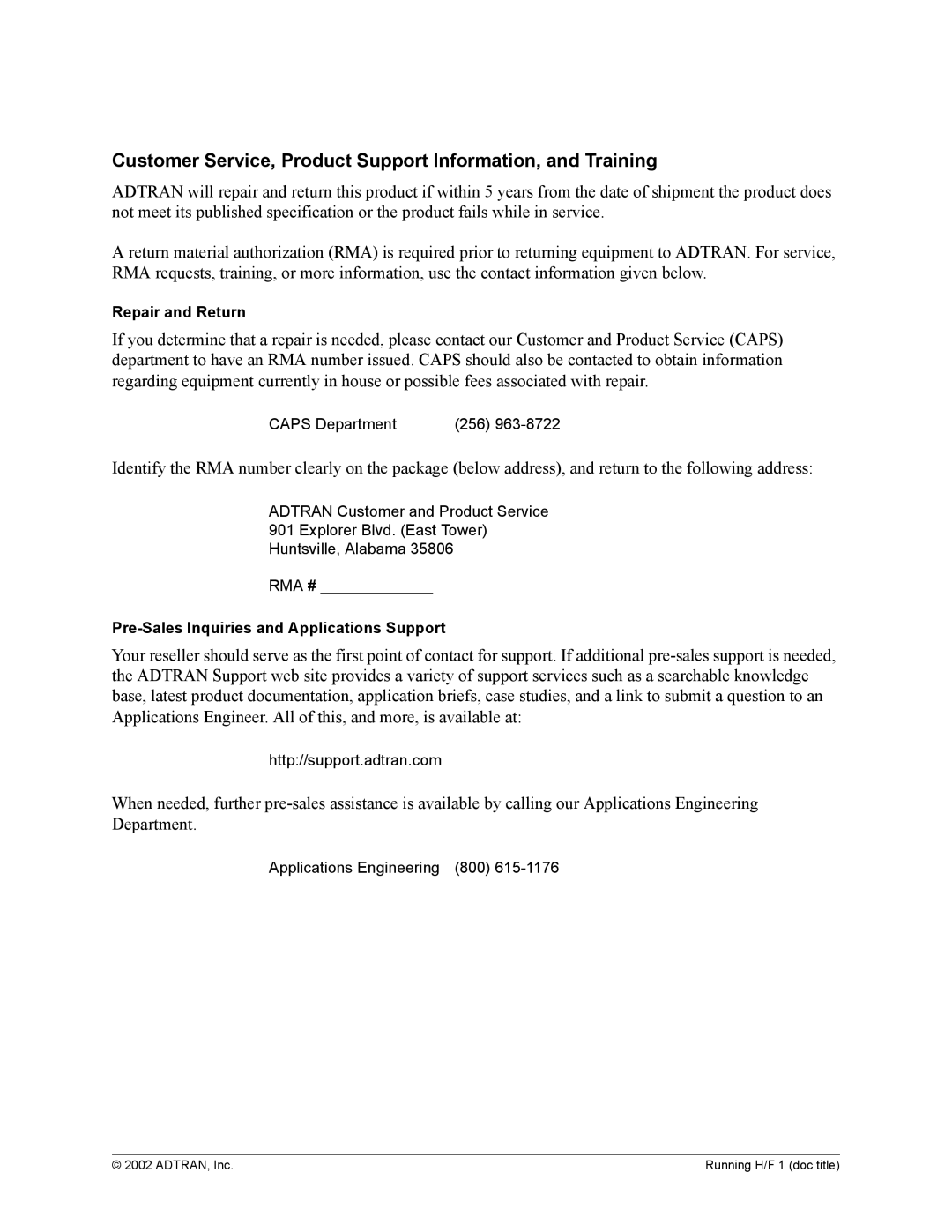 ADTRAN 1200305L1 system manual Customer Service, Product Support Information, and Training, Repair and Return 