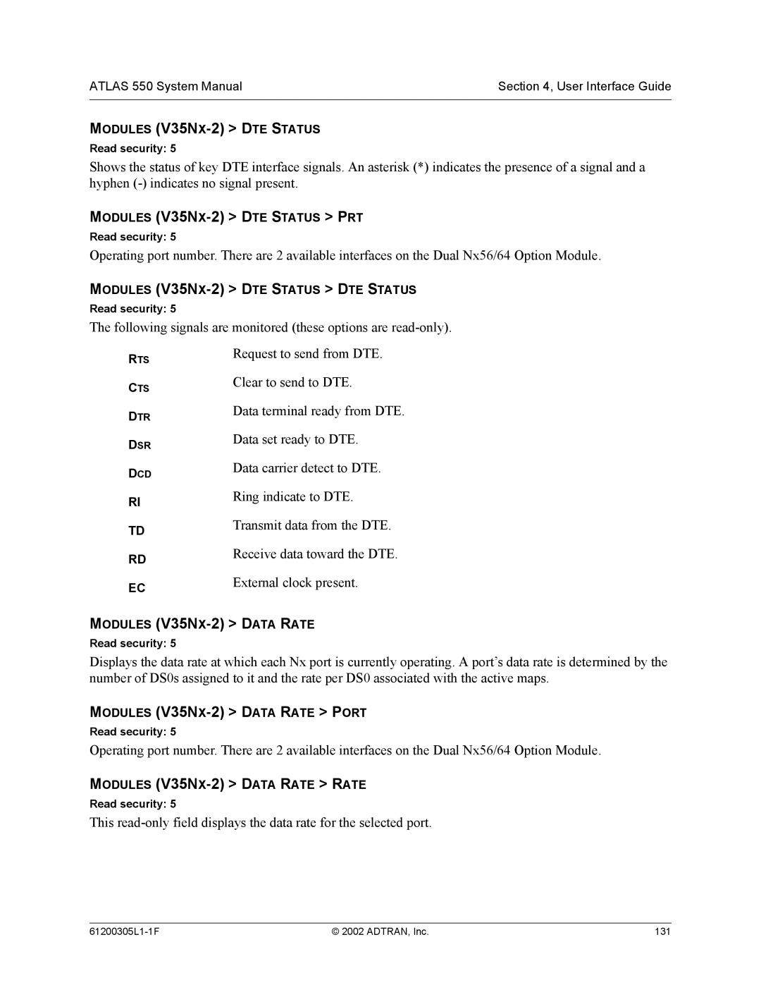 ADTRAN 1200305L1 system manual Following signals are monitored these options are read-only 