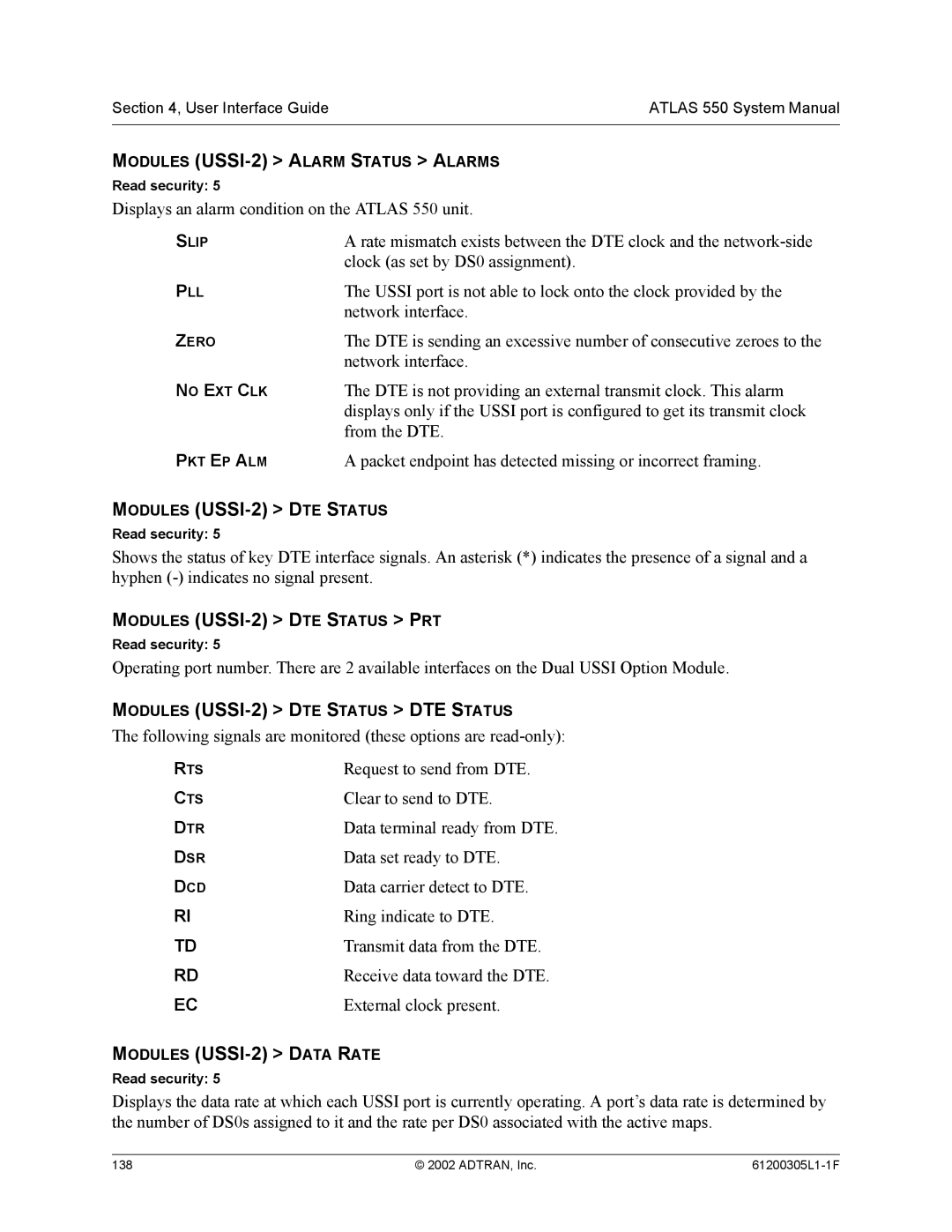 ADTRAN 1200305L1 system manual Modules USSI-2 DTE Status DTE Status, Modules USSI-2 Data Rate 