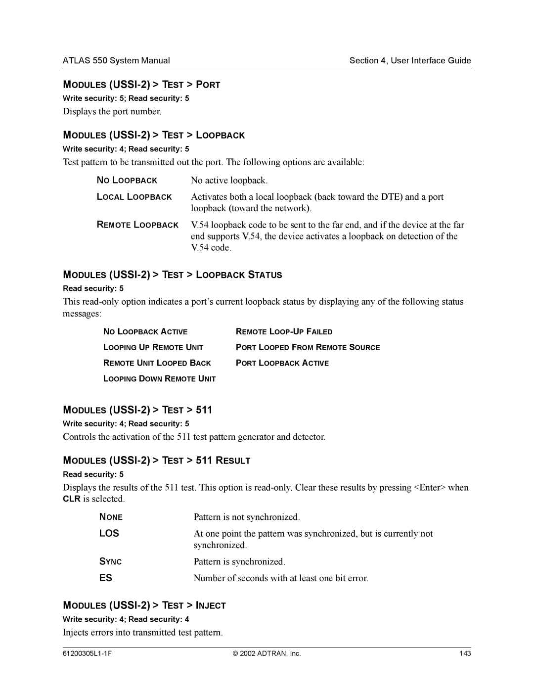 ADTRAN 1200305L1 system manual Modules USSI-2 Test Port, Modules USSI-2 Test 511 Result, Modules USSI-2 Test Inject 