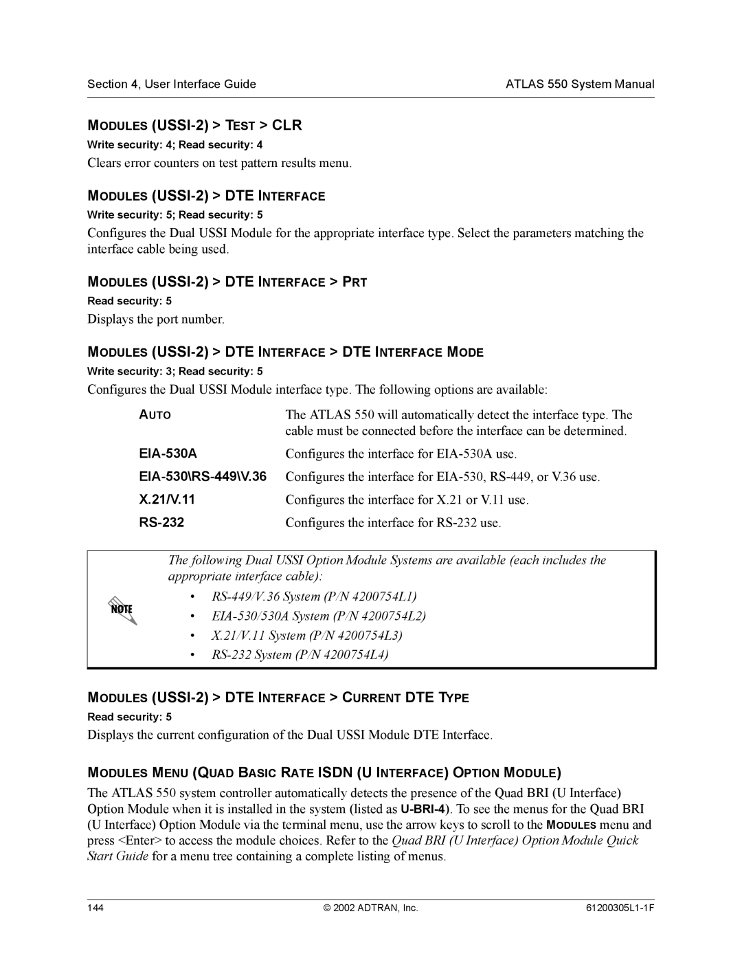 ADTRAN 1200305L1 system manual Modules USSI-2 Test CLR, Modules USSI-2 DTE Interface PRT 