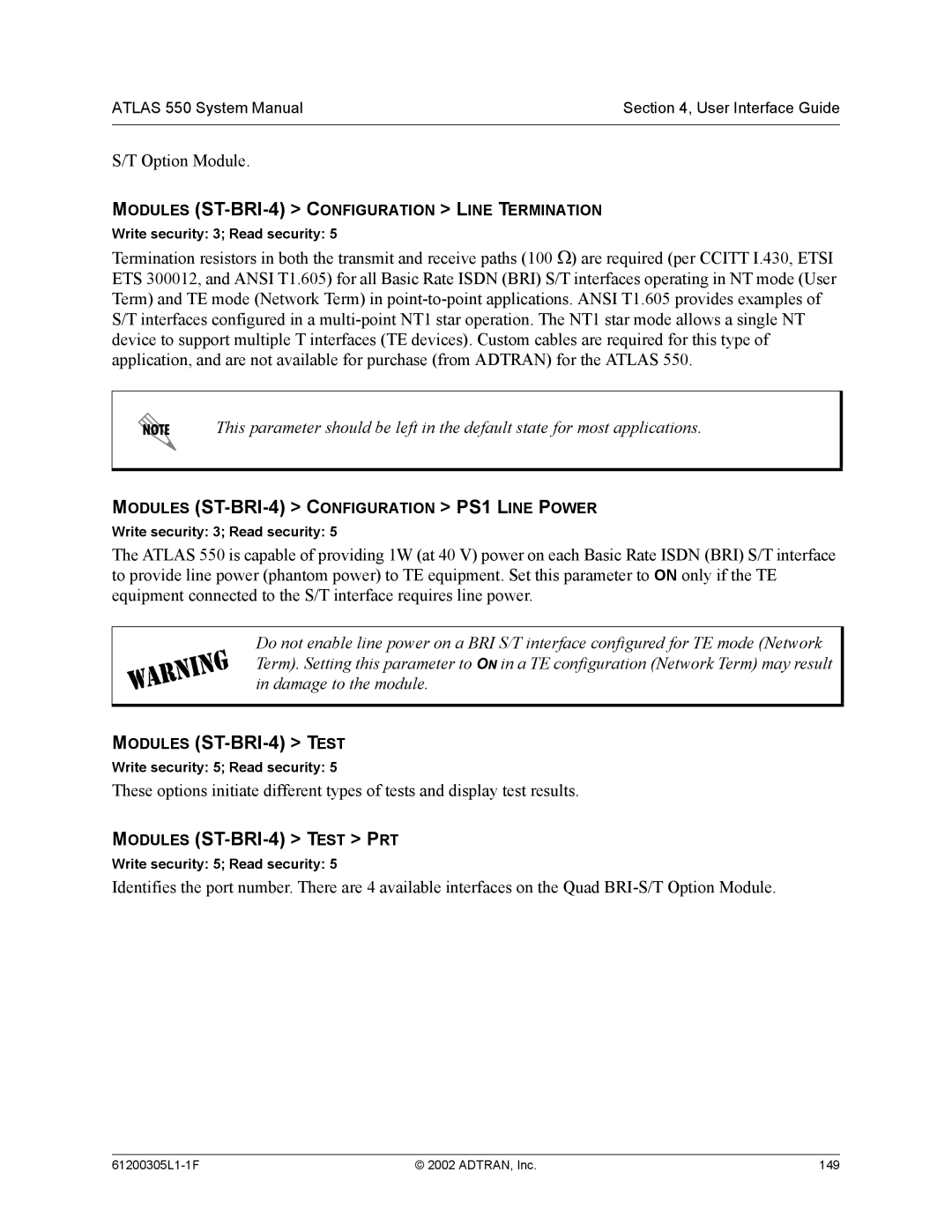 ADTRAN 1200305L1 system manual Modules ST-BRI-4 Test PRT, Option Module 
