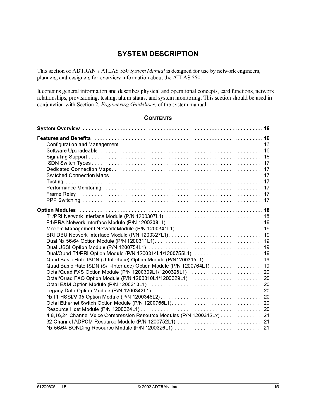 ADTRAN 1200305L1 system manual System Description, Contents 