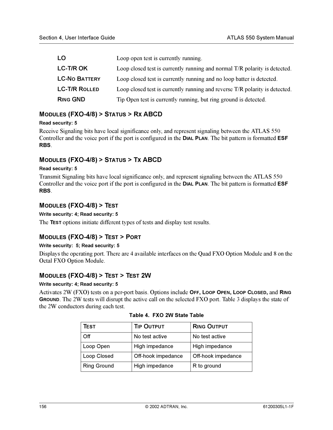 ADTRAN 1200305L1 system manual Modules FXO-4/8 Status RX Abcd, Modules FXO-4/8 Status TX Abcd, Modules FXO-4/8 Test 