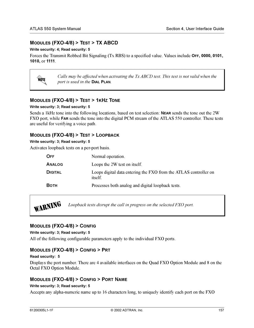 ADTRAN 1200305L1 system manual Modules FXO-4/8 Test TX Abcd, Modules FXO-4/8 Test 1KHZ Tone, Modules FXO-4/8 Config 