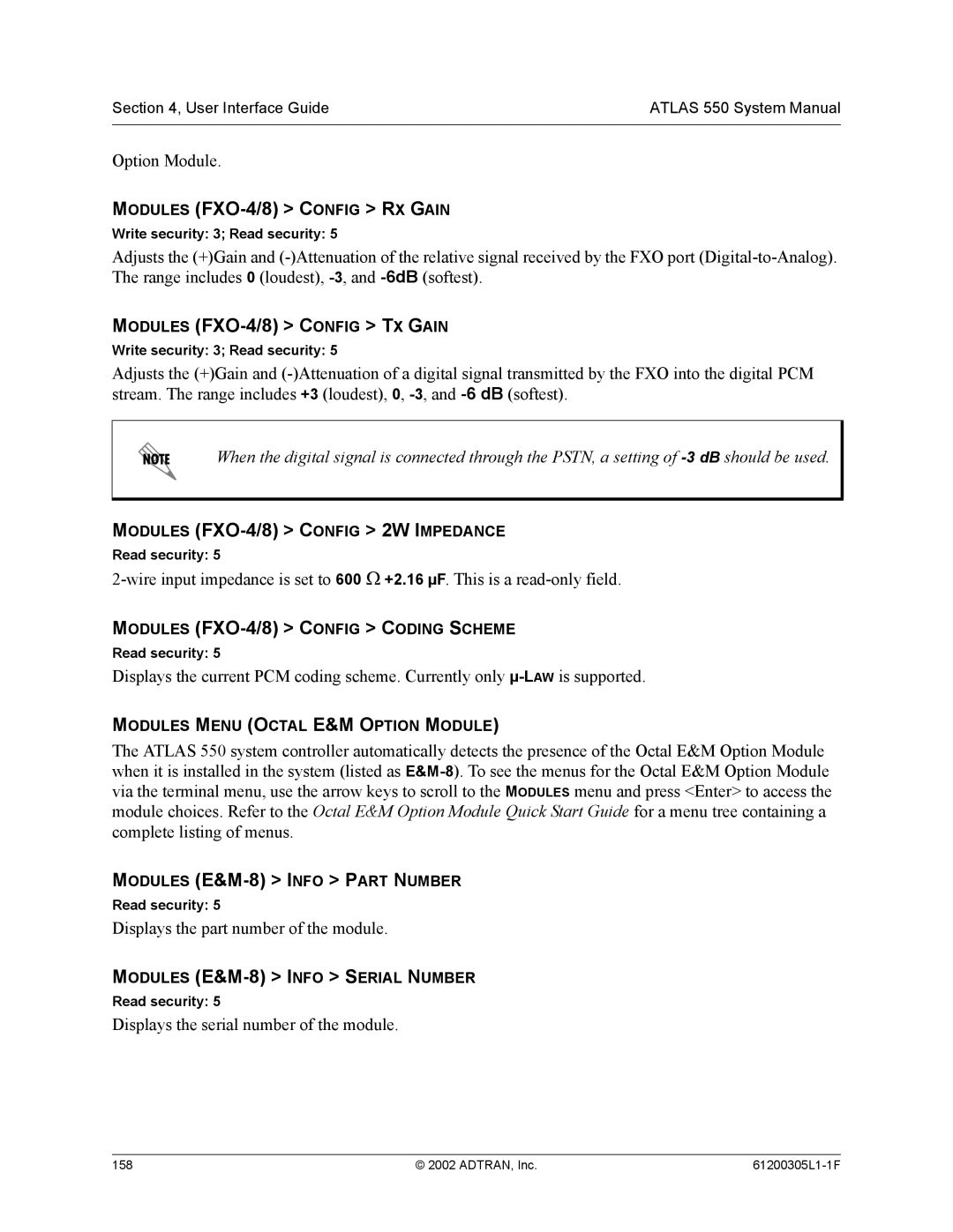 ADTRAN 1200305L1 system manual Modules FXO-4/8 Config RX Gain, Modules FXO-4/8 Config TX Gain 