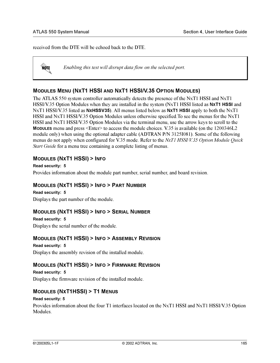 ADTRAN 1200305L1 system manual Modules Menu NXT1 Hssi and NXT1 HSSI/V.35 Option Modules, Modules NXT1 Hssi Info 