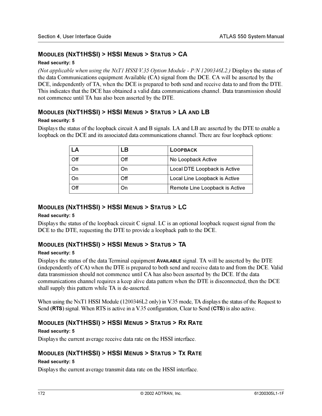 ADTRAN 1200305L1 system manual Modules NXT1HSSI Hssi Menus Status CA, Modules NXT1HSSI Hssi Menus Status LA and LB 