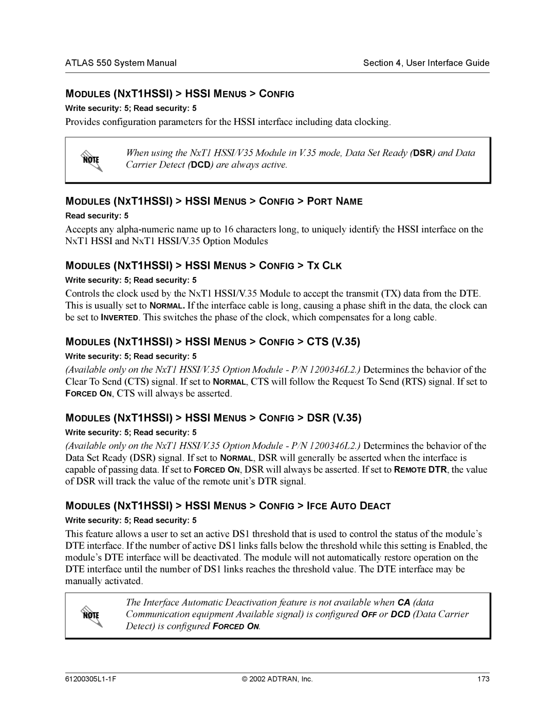 ADTRAN 1200305L1 system manual Modules NXT1HSSI Hssi Menus Config Port Name, Modules NXT1HSSI Hssi Menus Config TX CLK 