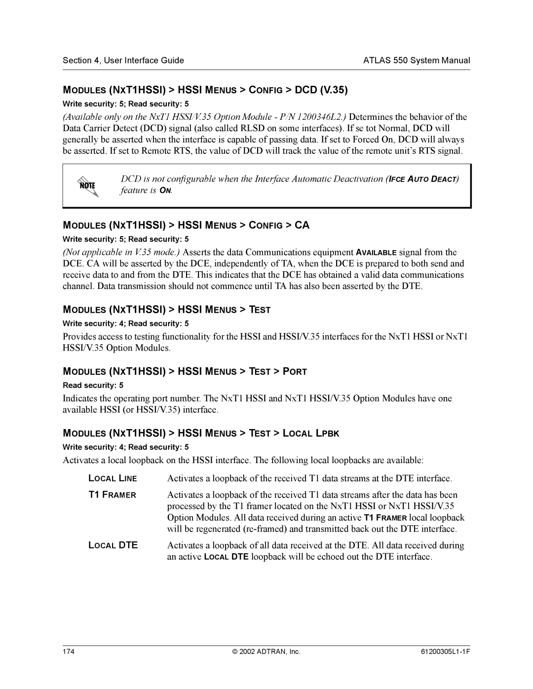 ADTRAN 1200305L1 system manual Modules NXT1HSSI Hssi Menus Config DCD, Modules NXT1HSSI Hssi Menus Config CA 