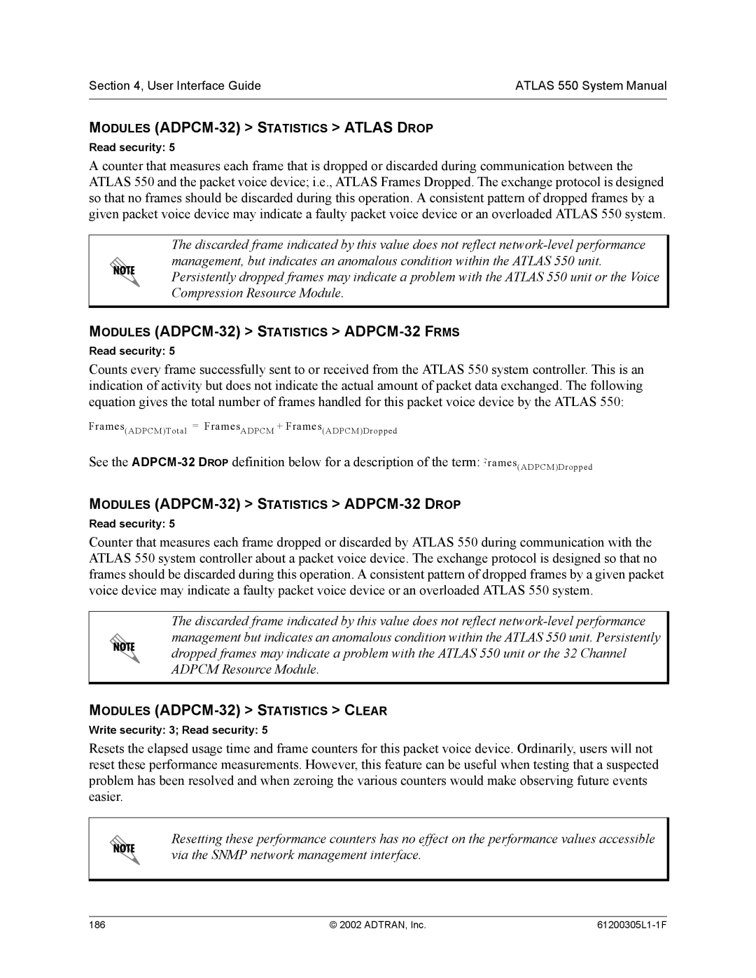 ADTRAN 1200305L1 system manual Modules ADPCM-32 Statistics Atlas Drop, Modules ADPCM-32 Statistics ADPCM-32 Frms 