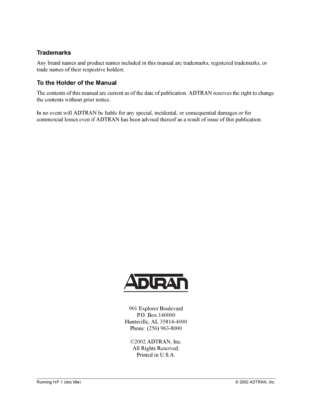 ADTRAN 1200305L1 system manual Trademarks, To the Holder of the Manual 