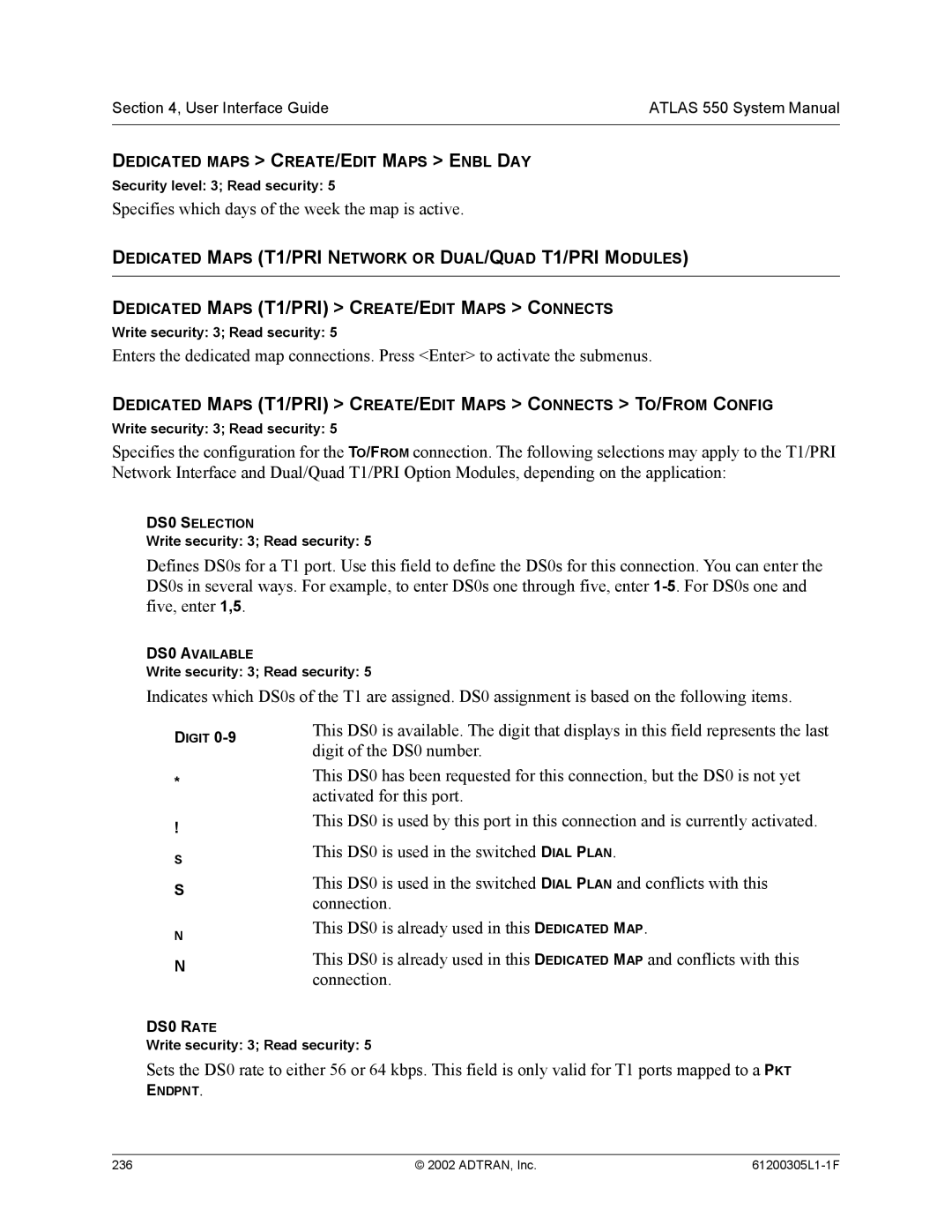 ADTRAN 1200305L1 system manual Specifies which days of the week the map is active 