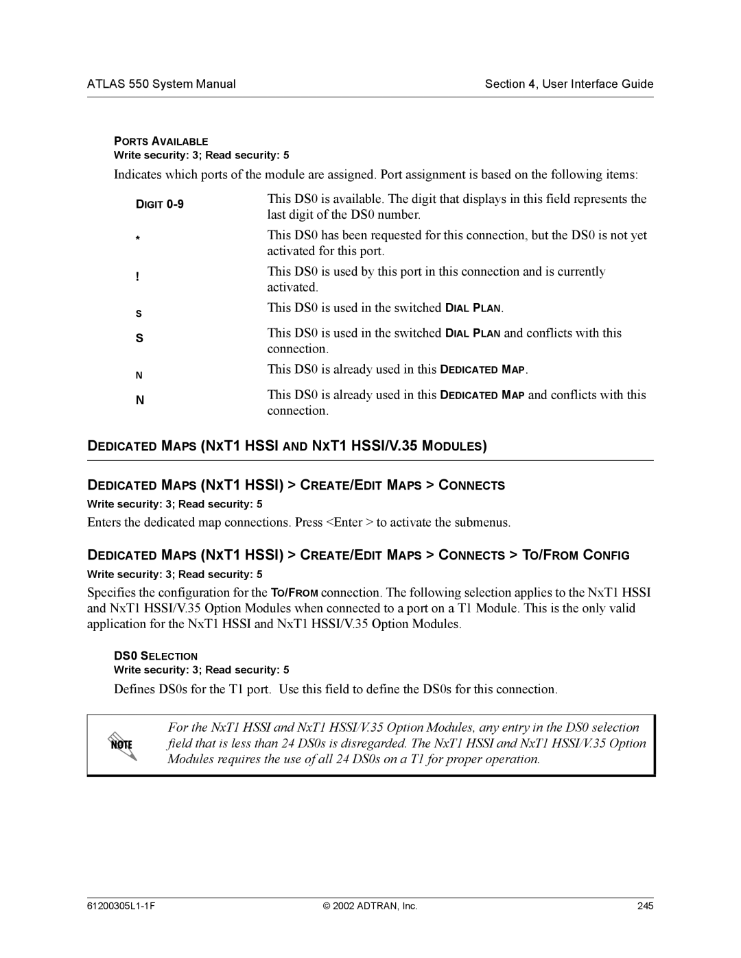 ADTRAN 1200305L1 system manual Dedicated Maps NXT1 Hssi and NXT1 HSSI/V.35 Modules 