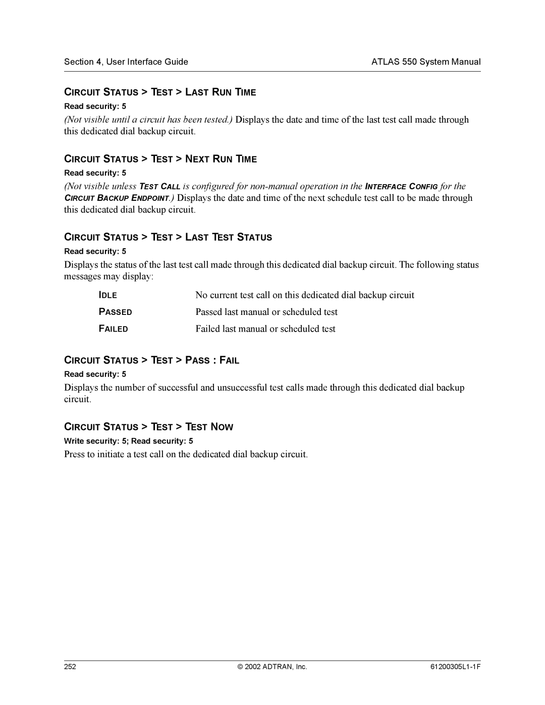 ADTRAN 1200305L1 No current test call on this dedicated dial backup circuit, Passed last manual or scheduled test 