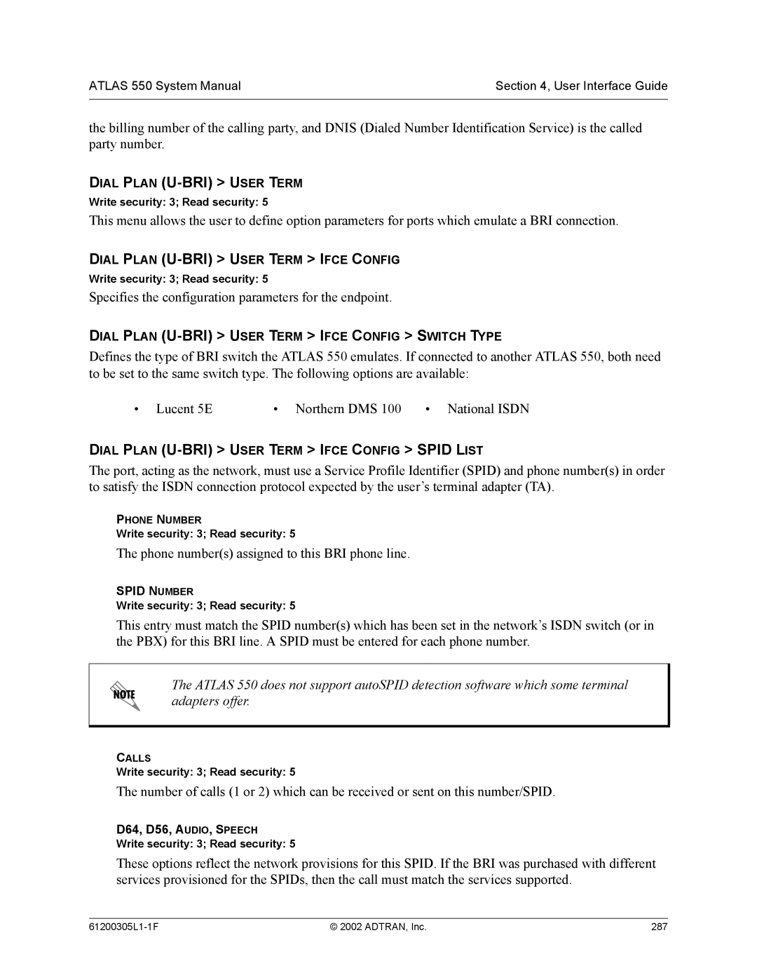 ADTRAN 1200305L1 system manual Dial Plan U-BRI User Term 