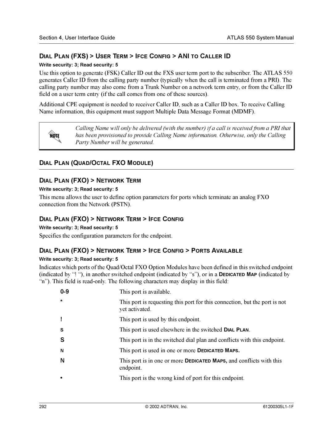 ADTRAN 1200305L1 system manual Dial Plan FXS User Term Ifce Config ANI to Caller ID 