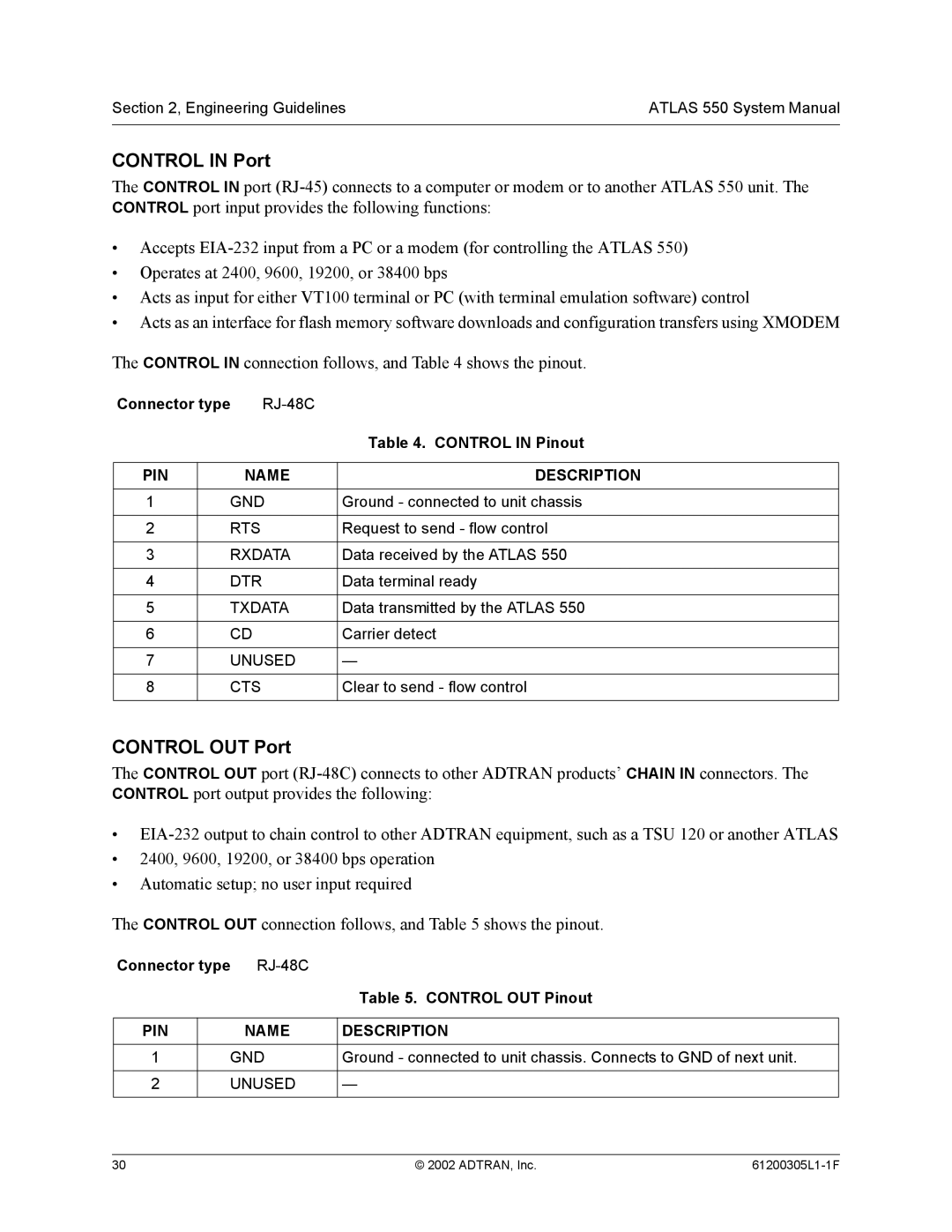 ADTRAN 1200305L1 system manual Control in Port, Control OUT Port, Connector type RJ-48C Control in Pinout 