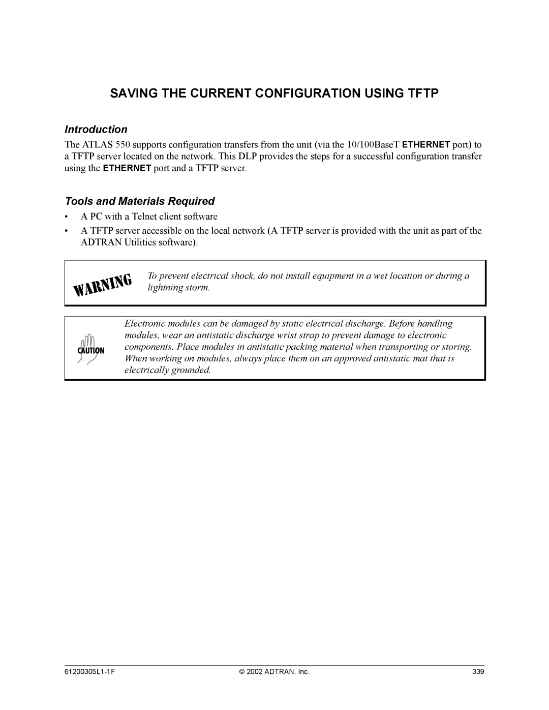 ADTRAN 1200305L1 system manual Saving the Current Configuration Using Tftp 