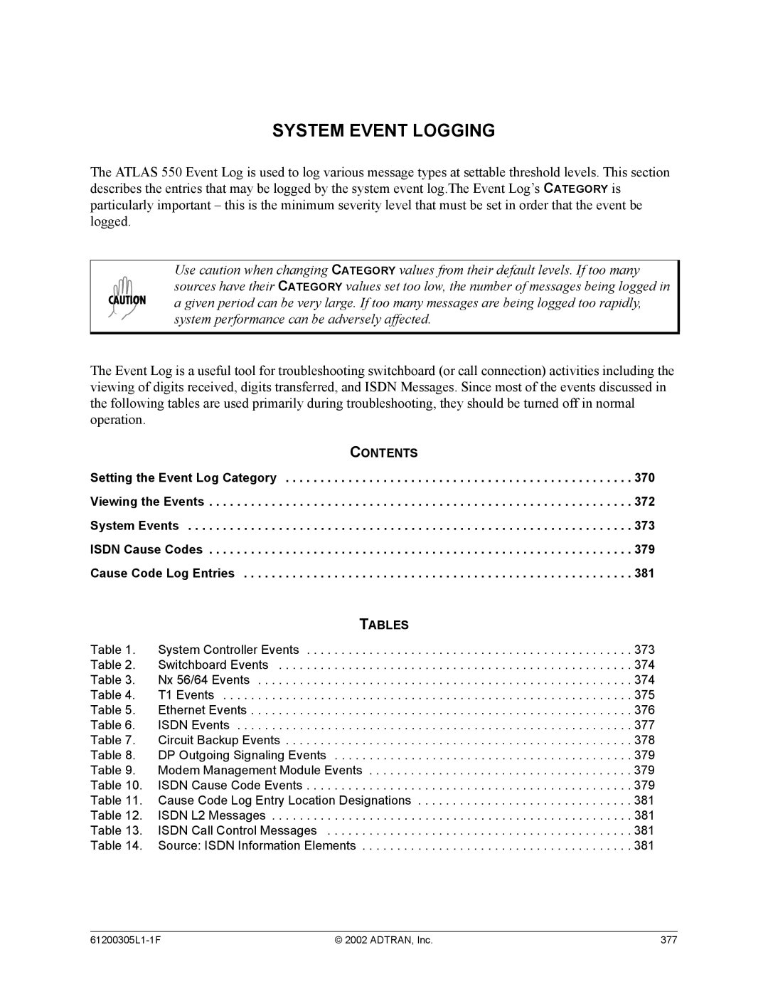 ADTRAN 1200305L1 system manual System Event Logging 